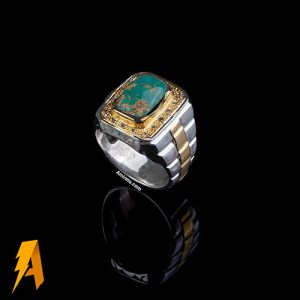 انگشتر نقره فیروزه نیشابوری مخراج الماس طبیعی افریقایی کد ۷۵۵۳