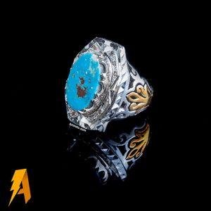 انگشتر دستساز نقره فیروزه نیشابوری و مخراج الماس طبیعی افریقایی کد ۸۶۱۳