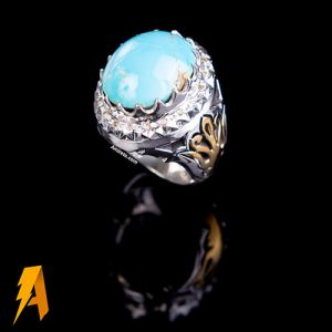 انگشتر دستساز نقره فیروزه نیشابوری مخراج الماس طبیعی افریقایی کد ۶۷۲۲