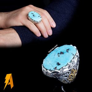 انگشتر نقره دستساز فیروزه نیشابوری با مخراج الماس طبیعی افریقایی کد ۳۵۹۸