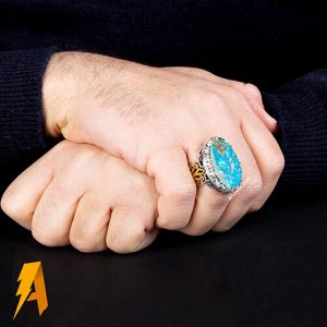 انگشتر دستساز نقره فیروزه نیشابوری با مخراج الماس معدنی افریقایی کد ۹۴۵۷