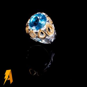 انگشتر نقره توپاز ابی سویئسی معدنی با ابکاری طلای کد ۵۲۷۸