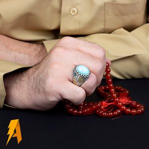 انگشتر دستساز نقره فیروزه نیشابوری مخراج الماس طبیعی کد۸۱۳۴