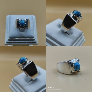 انگشتر مردانه اسپرت فیروزه نیشابوری با مخراج های الماس طبیعی آفریقایی کد ۱۱۴۳۲