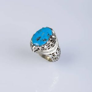 انگشتر مردانه اسپرت فیروزه نیشابوری با مخراج های الماس طبیعی آفریقایی کد ۱۱۴۳۱