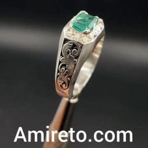 انگشتر نقره مردانه زمرد زامبیا آفریقایی مخراج الماس کد ۱۱۴۱۳