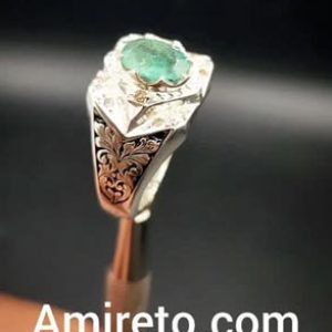 انگشتر نقره مردانه دست‌ساز زمرد زامبیا آفریقایی مخراج الماس طبیعی کد ۱۱۴۱۴
