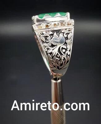 انگشتر نقره مردانه دستساز زمرد زامبیا آفریقایی مخراج الماس طبیعی کد ۱۱۴۱۵