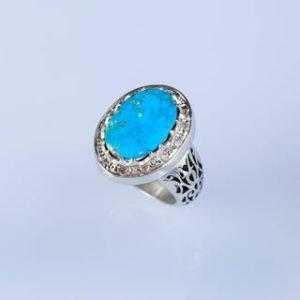 انگشتر فیروزه نیشابوری و الماس طبیعی آفریقایی کد ۱۱۴۲۸