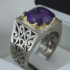 خرید انگشتر نقره مردانه دستساز آمیتیست طبیعی